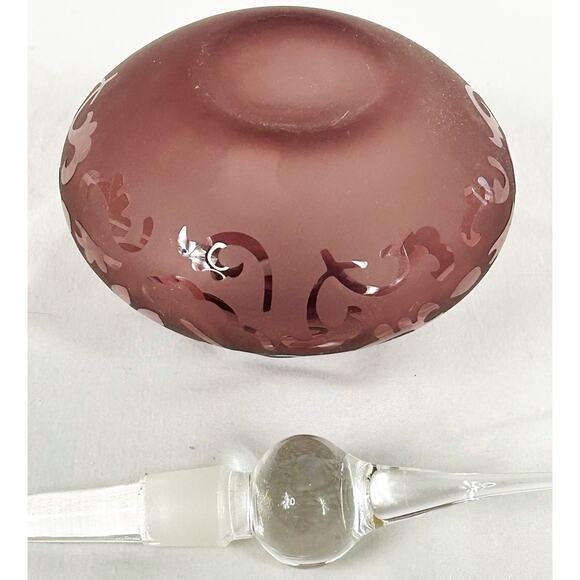Art Glass Purple Lavender Frosted Etched Perfume Bottle Glass w/ Stopper - Picture 5 of 6